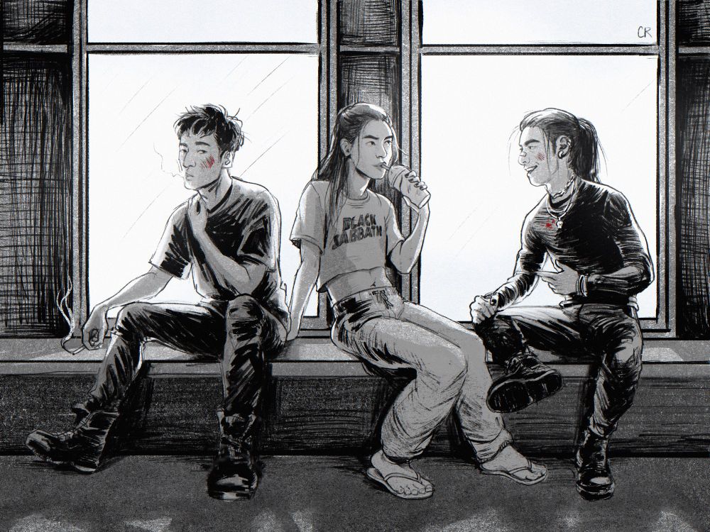 black and white illustration of songxiaoxue sitting in a row, seemingly after song lan and xue yang had a scuffle. xiao xingchen is unbothered