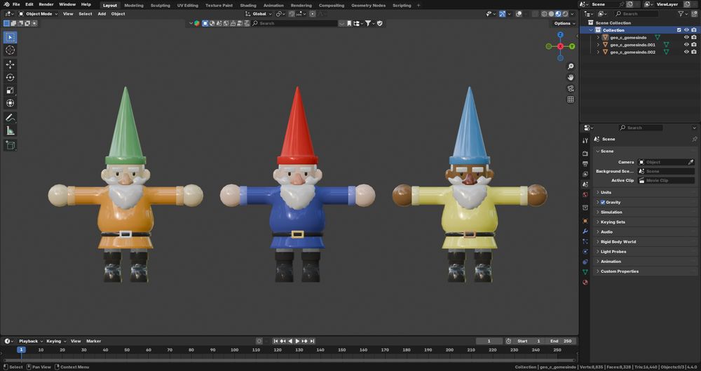 Captura de pantalla del software Blender en cuyo viewport se muestran tres instancias del mismo modelo de gnomo con tres variaciones de color diferentes.