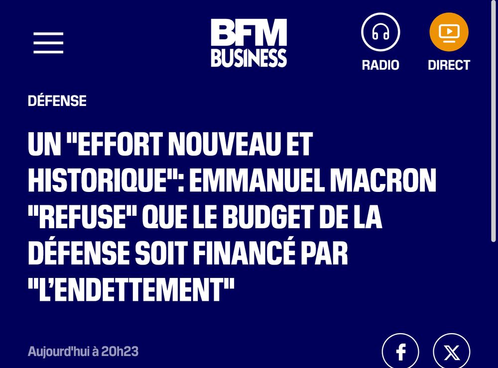 Titre d'un article de BFM Business indiquant : "Un "effort nouveau et historique" : Emmanuel Macron "refuse" que le budget de la défense soit financé par l'endettement".