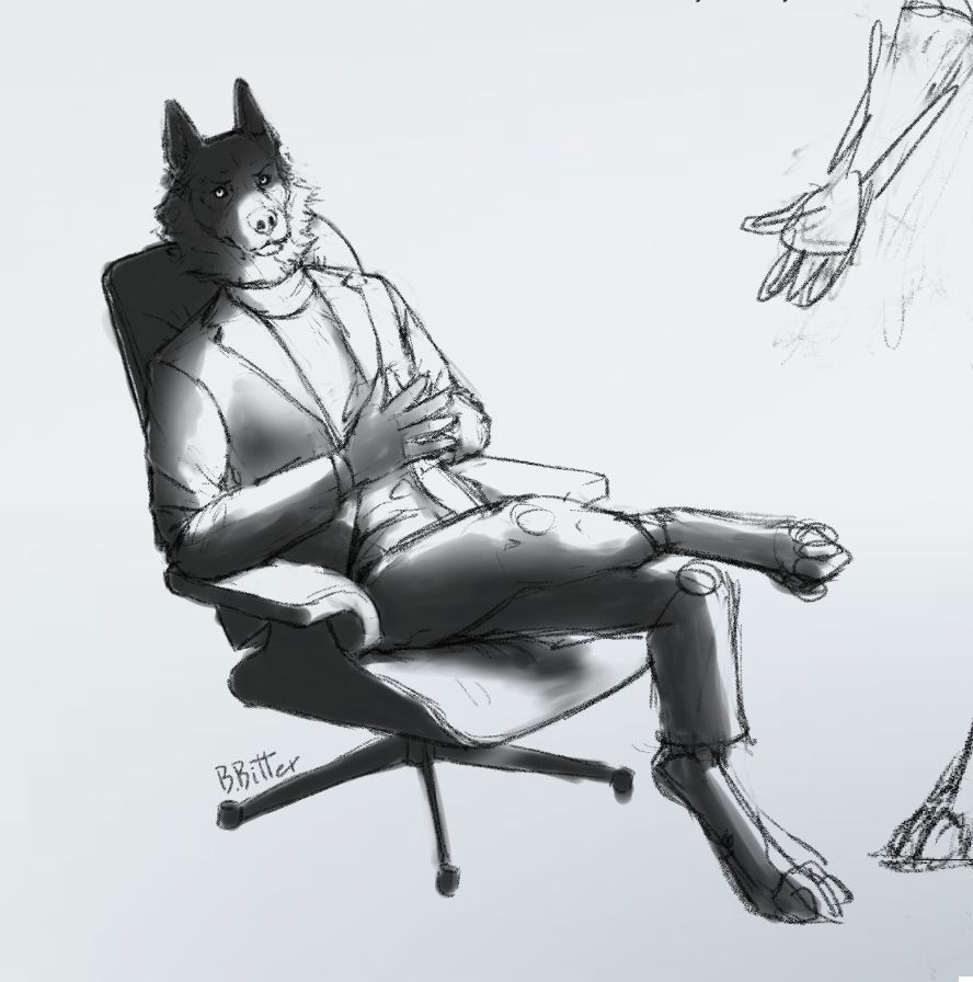 Businessm anthro dog on a chair patiently awaiting your approval of the deal.