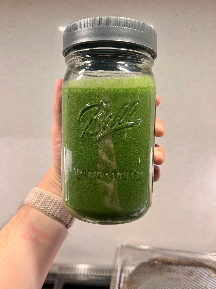 me holding a 32 oz mason jar full of strawberry spinach smoothie 

it looks pond water green. there’s a ton of goodies in it though. strawberries, bananas, hella spinach, flax, peanut butter powder, hemp seeds, spirulina, and chlorella. its delicious! 