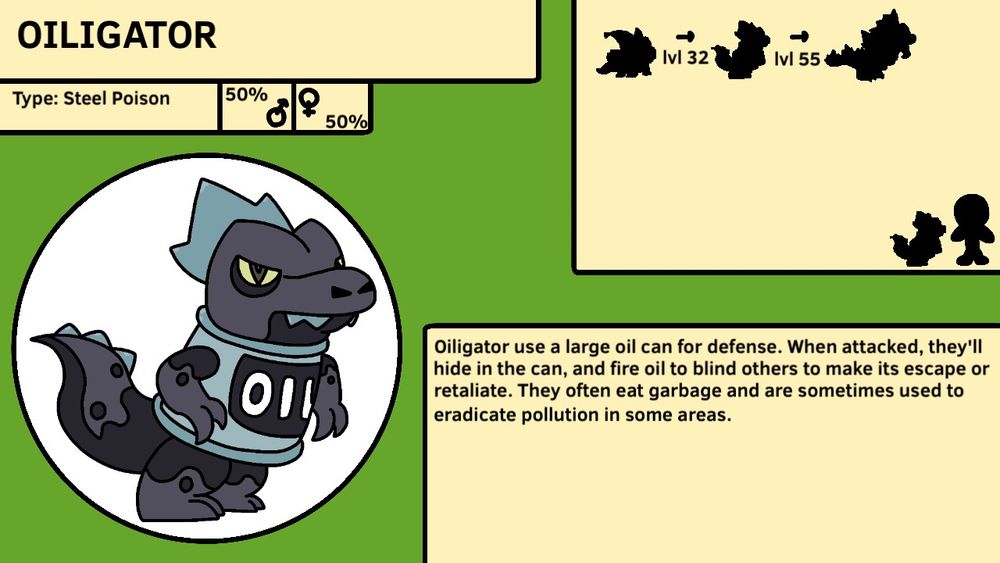 Oiligator (Oil Pokemon)
Steel/Poison