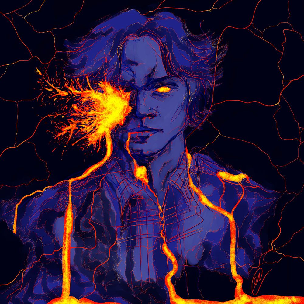 Digital drawing of Sam Winchester done in purples with lava flowing from one side of his face and flowing down his chest. 