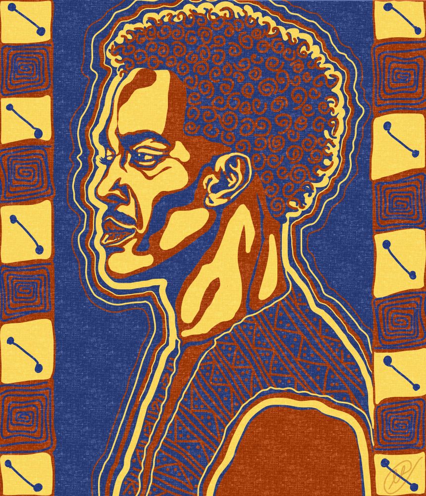 A digital drawing of the 15th Doctor depicted in profile in blue, orange and yellow. His hair is made up of spirals and there's a pattern across his clothes. The edges on either side of the portrait feature squares of spirals and bars pattern. The whole piece is covered in a fabric-like texture.