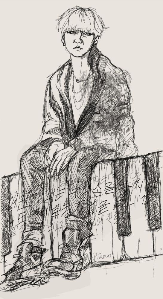 A finished version of the previous sketch, he's sitting on a giant piano with lyrics from his song First Love written across him and the piano keys.