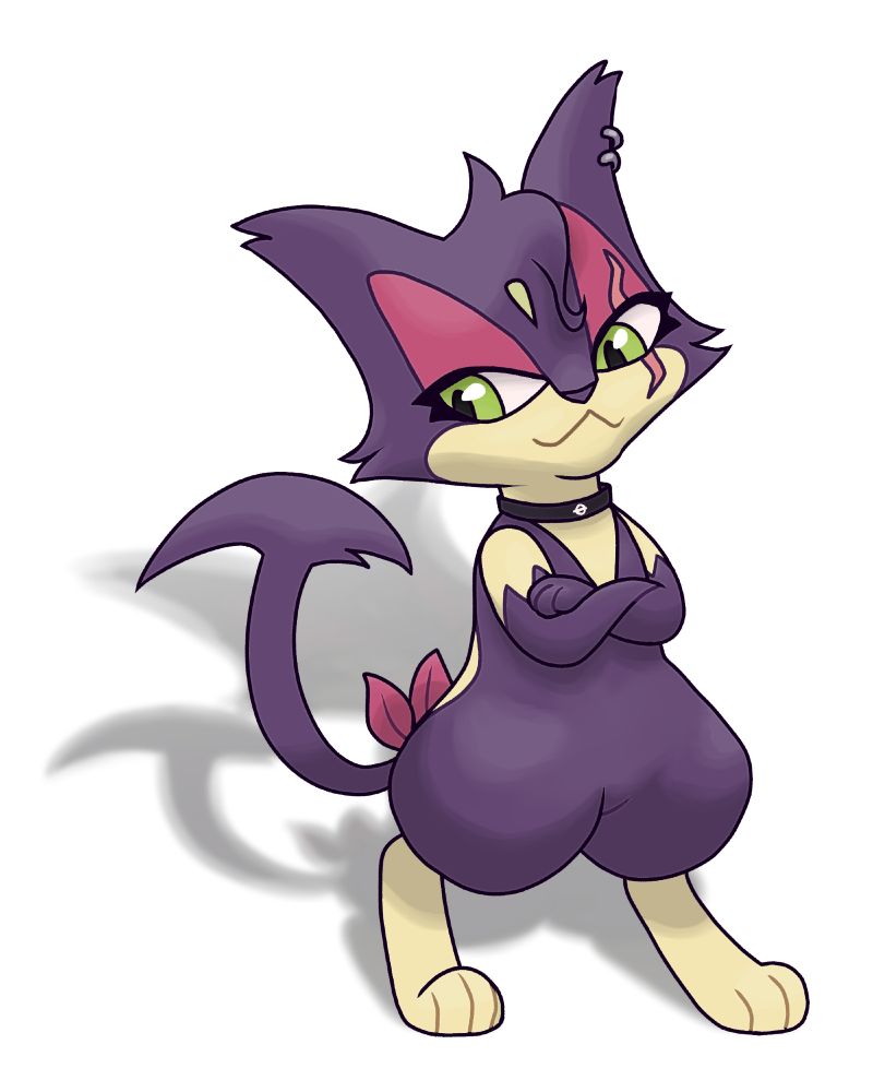 A drawing in the pokemon style depicting a purrloin with emo clothing and a proud stance.