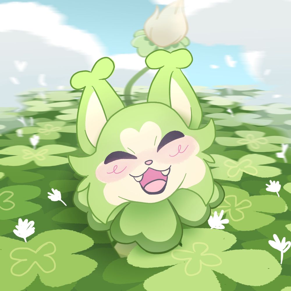 A drawing of a pokemon fusion, Skitty and Sprigatito fusion using a clover motif. The drawing portrays the skitto looking happily at you in a clover patch with a sunny sky! 