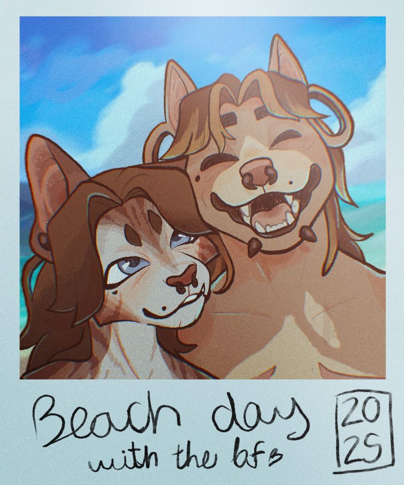 A drawing of two boyfriends, and anthropomorfic cat and a dog who have taken a polaroid picture at the beach, they look happy! 