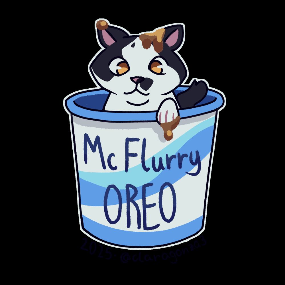 A drawing of a black and white cat in a McFlurry cup with caramel on his head. This cat is up for adoption!
