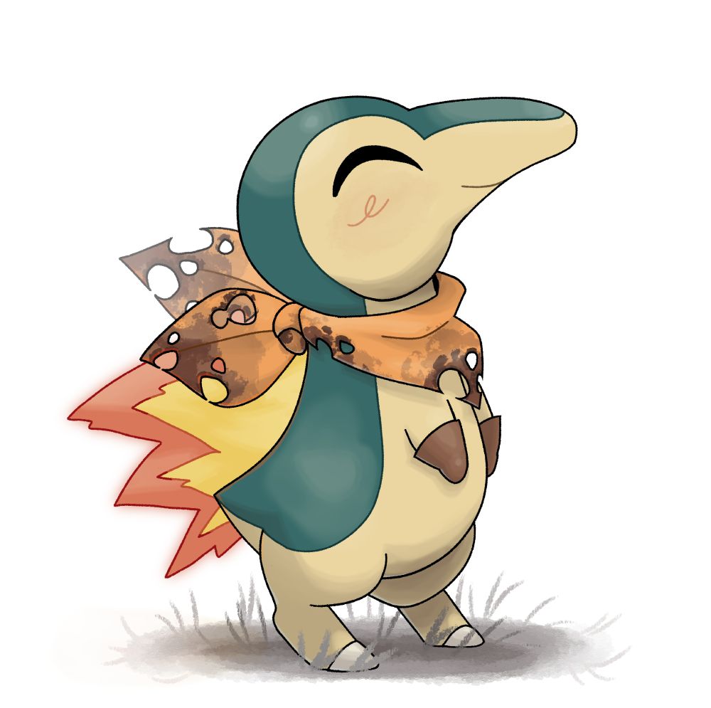 A drawing of the pokemon cyndaquil wearing a burnt orange bandana and smiling at the sky, he is wearing gloves too. He is the partner character from the pokemon mystery dungeon adventure