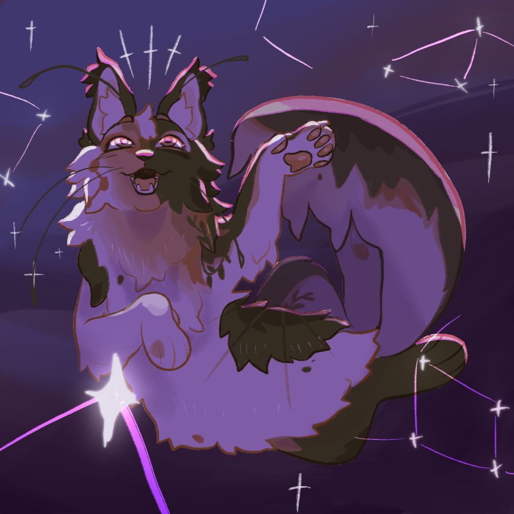 A cat floating in space in the stars looking happy! 