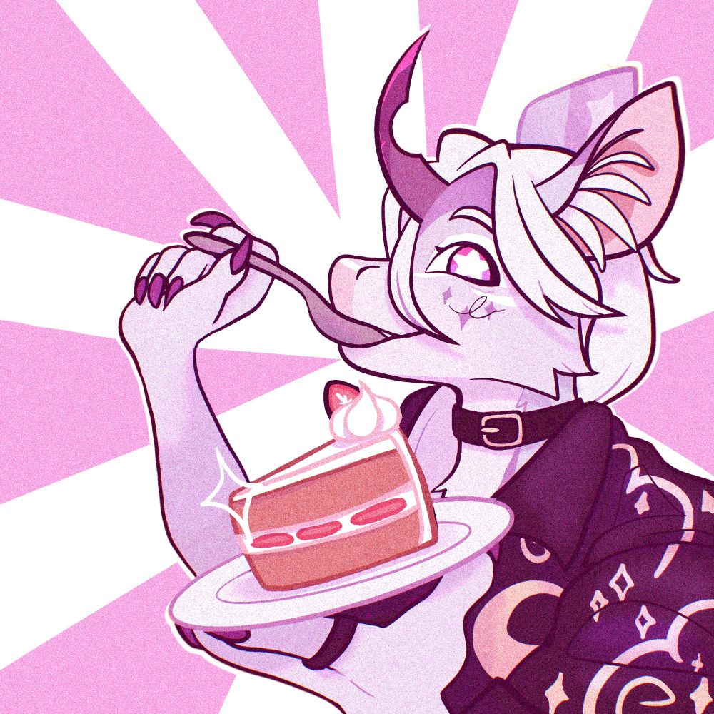 A drawing of an unicorn-like creature eating a strawberry cake, it looks like it is very tasty!
