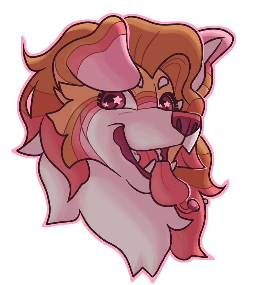 An illustration of a corgi and samoyed mix ( two dog breeds ) with tan and pink colors looking at you happily! She looks hungry