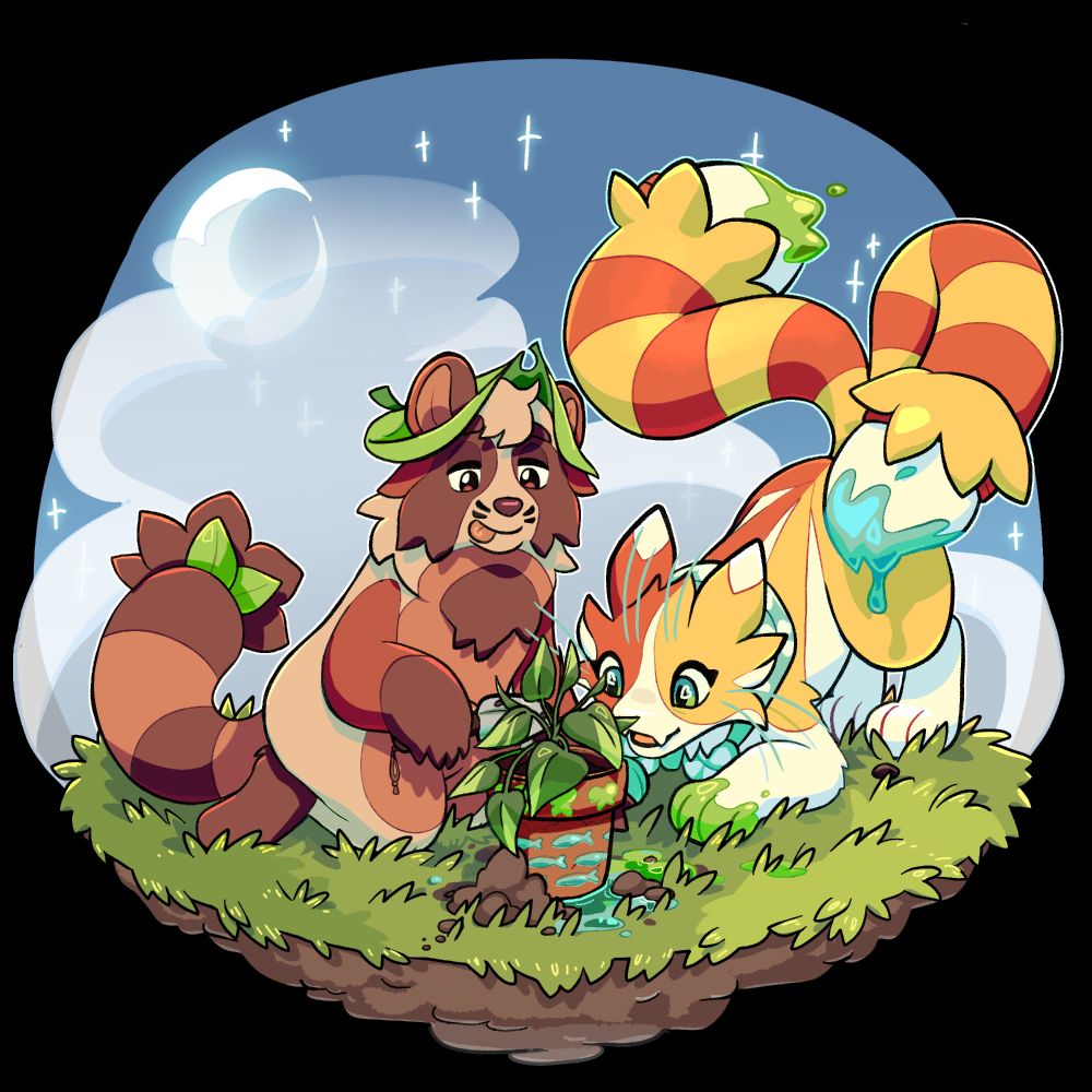 A drawing of a Tanuki and Cat-like creature transplanting a pothos in a cartoony style for an ArtFight Attack