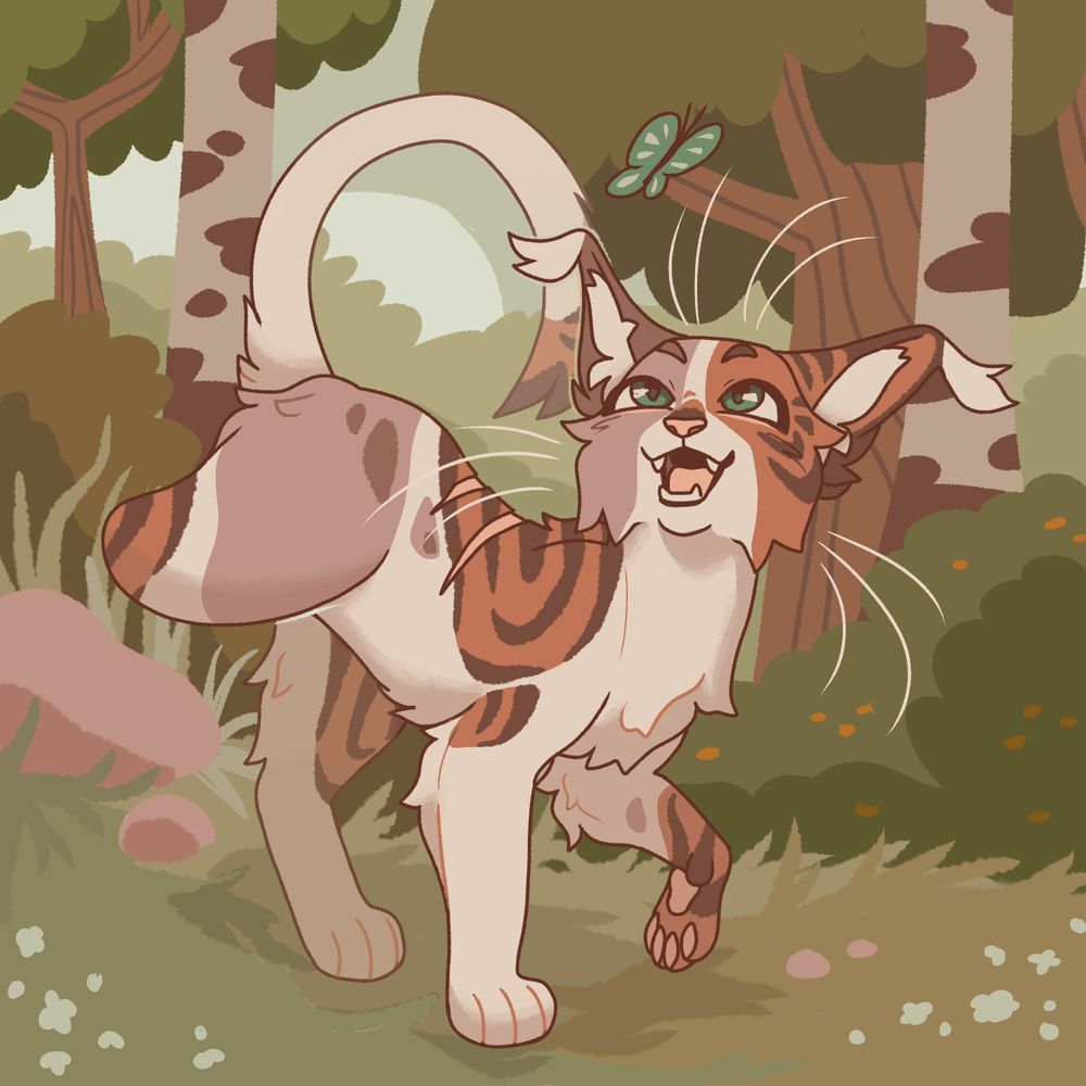 A drawing of a warrior cats character looking around in a forest. It is a tricolor feline with grey and brown with tiger stripes
