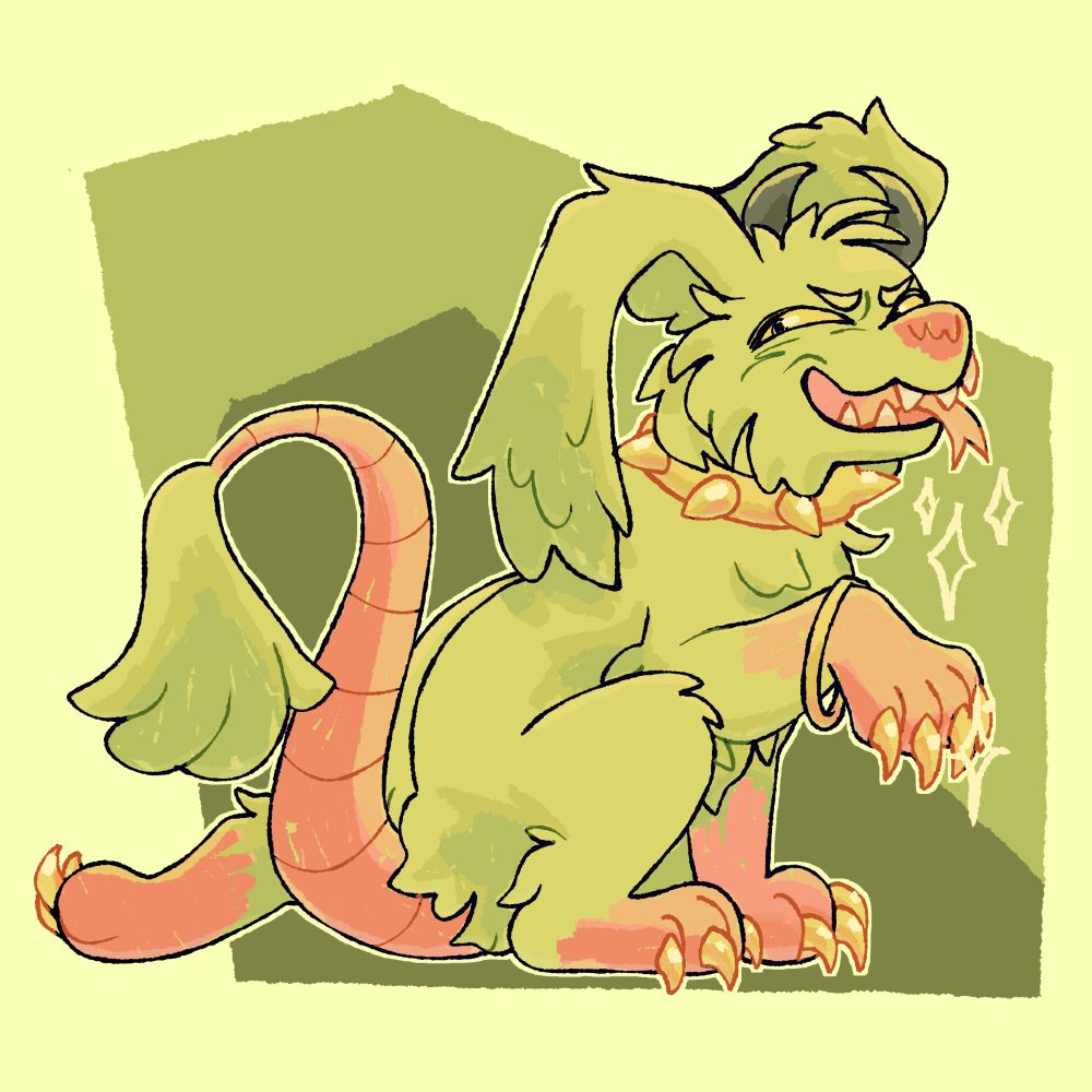 A drawing of a dog / rat like creature with a golden spiky collar, golden nails and a brazelet looking nasty at you.