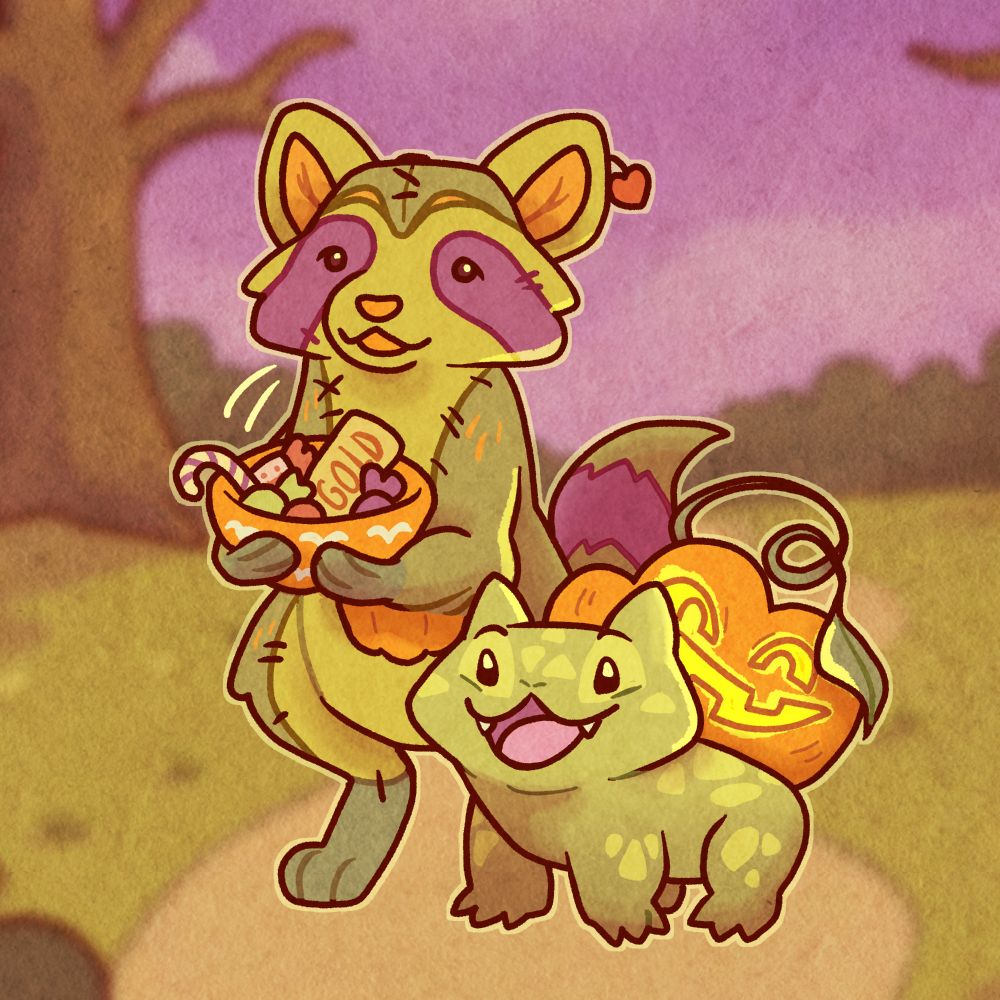 Drawing of a plush raccoon and a pumpkin bulbasaur trick or treating in a cartoony style 