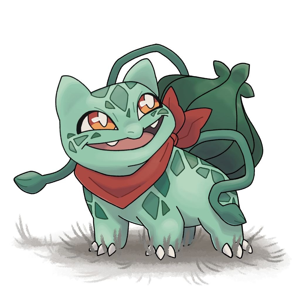 A drawing of the pokemon bulbasaur wearing a red bandana and smiling at the sky. She is the protagonist character from the pokemon mystery dungeon adventure