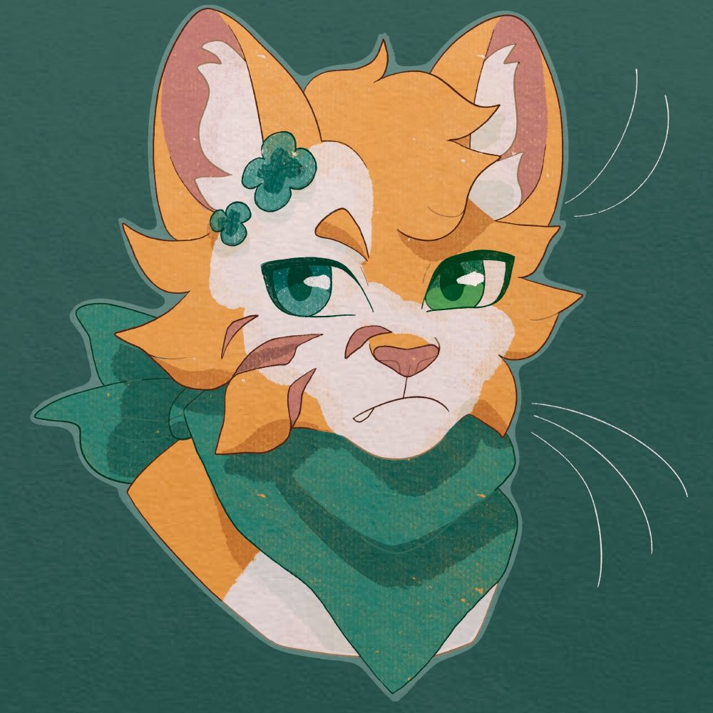 A drawing of a original character based on the Warrior cats book. It is a warrior cat aprentice wearing a bandana, he has a few flowers on his head and a few battle scars on his face