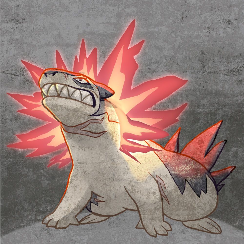 A drawing of a typhlosion looking angry and spouting huge flames. He has a lot of scars and looks intimidating!