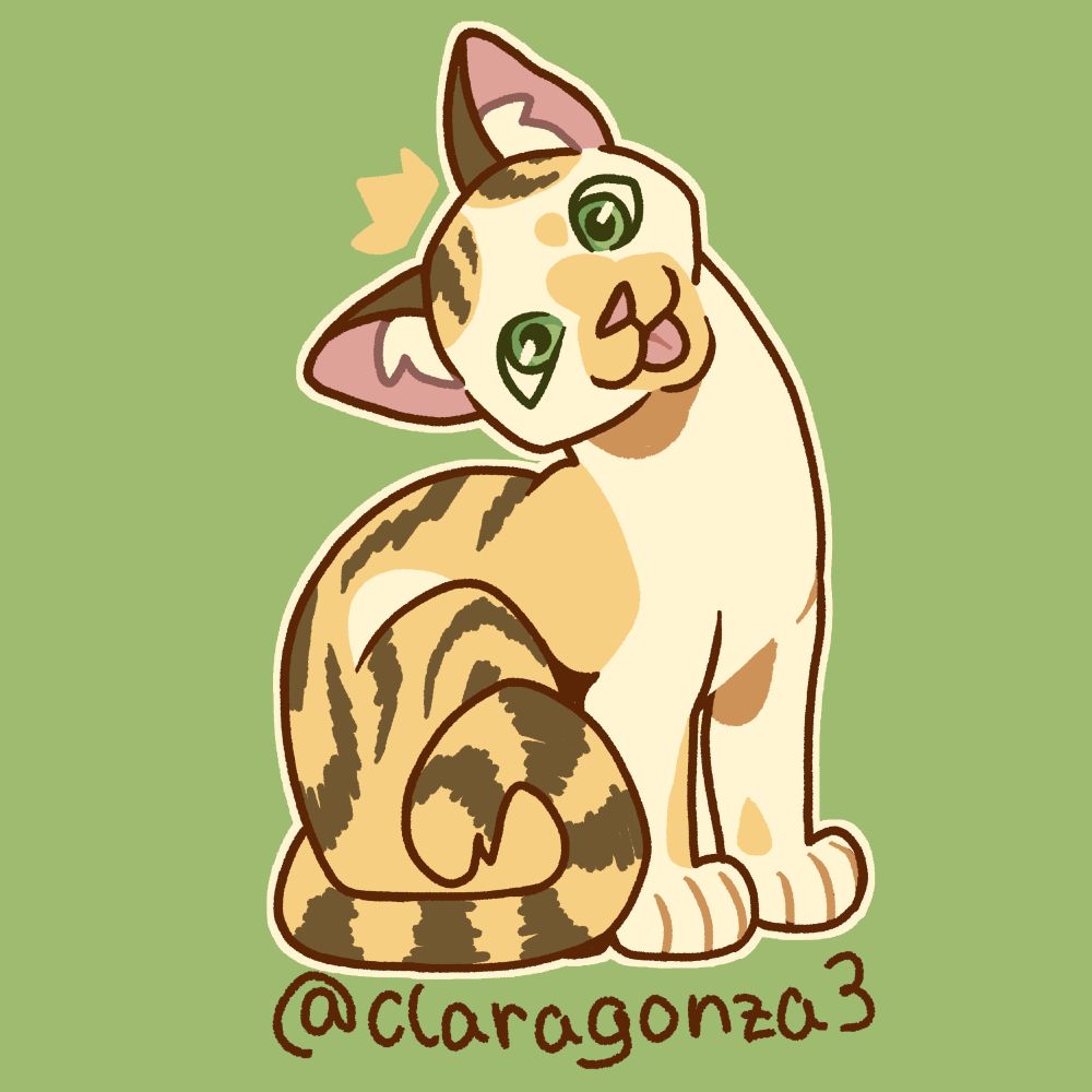 A drawing of an orange and white kitty tilting its head at you and making a blep. This cat is up for adoption!