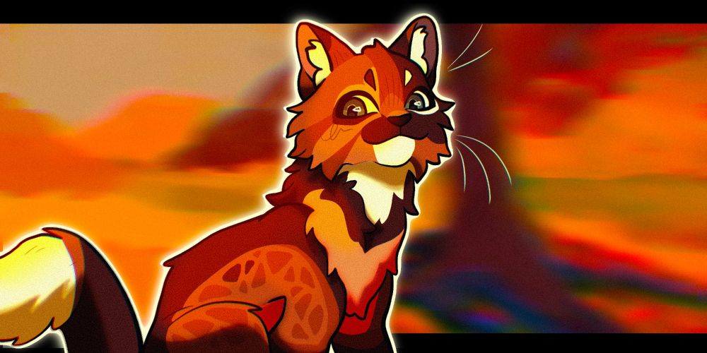 A drawing of an orange cat in a cinematic background. He's a medicine cat from shadowclan and he looks at you cheerfully
