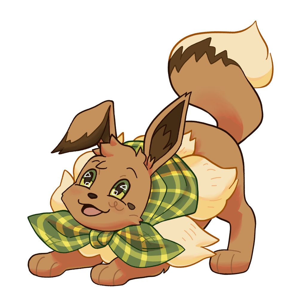 A drawing of an Eevee looking playful with a green bandana around her neck 