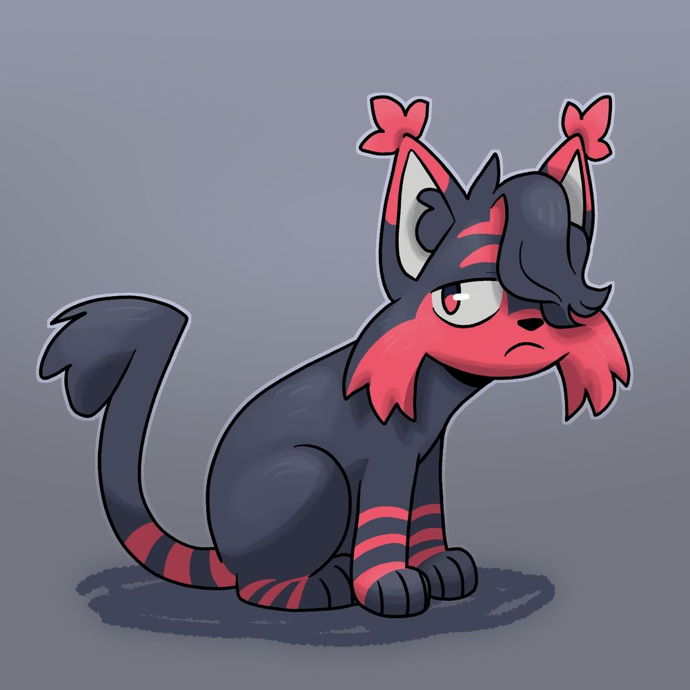 An illustration of a litten, a fire cat pokemon looking at you. He is emo and indiferent 