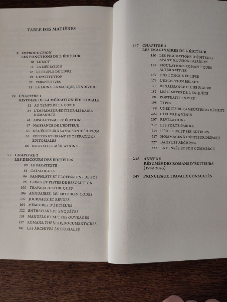 Table des matières de « Être éditeur. Histoire, discours, imaginaires » d'Anthony Glinoer (éditions L'échappée, ISBN 9782373091601)