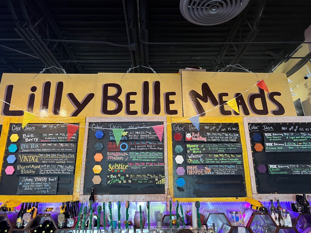 Photo of the tap list at the meadery, 13 meads and 3 beers 