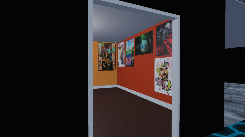 It's a doorway into a room and there are a bunch of posters on the wall. The floor looks like it was recently replaced.