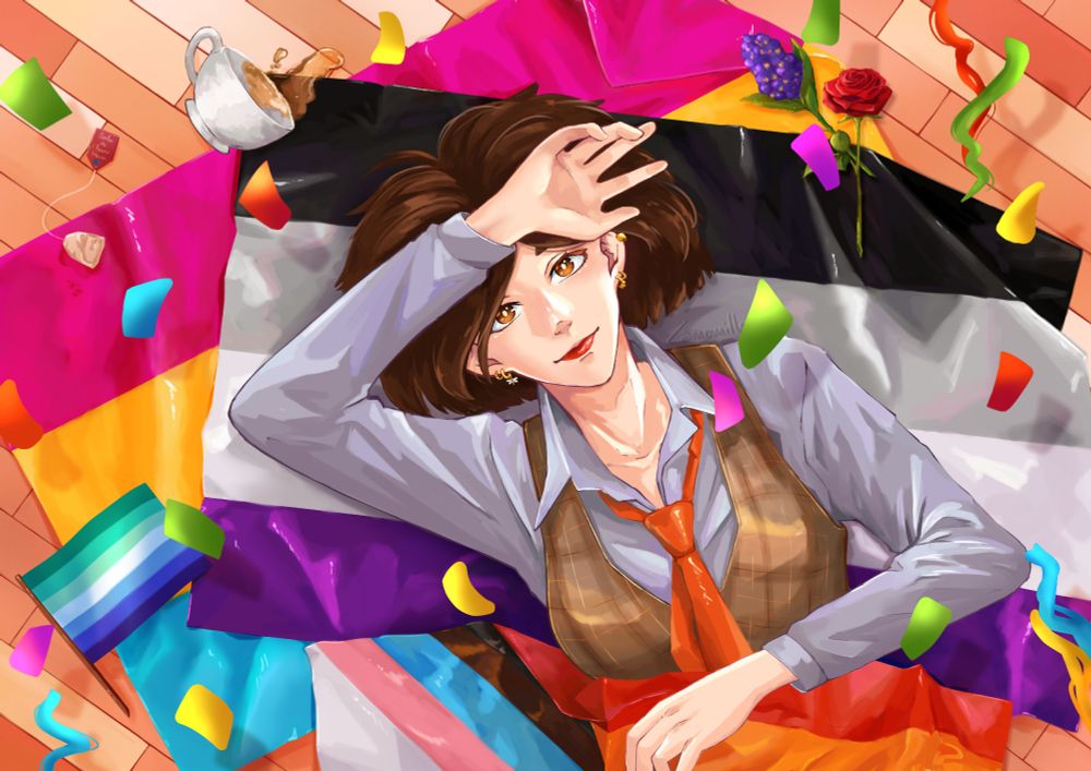 My persona, Camomille, lying on the floor with her pride flags (ace and pan). This was the 2025 pride illustration