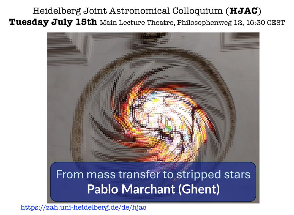 Announcement of the talk "From mass transfer to stripped stars" by Pablo Marchant on 15 July 2025 at 16:30 CEST at Philosophenweg 12 and online via Zoom, with a pixelated view of a colorful pinwheel