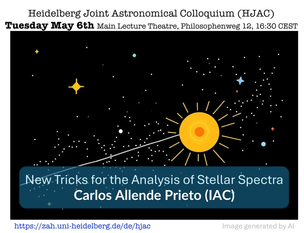 Announcement of the talk "New Tricks for the Analysis of Stellar Spectra" by Carlos Allende Prieto on 6 May 2025 at 16:30 CEST at Philosophenweg 12 and online via Zoom, with an AI-generated comic of a beam coming from a sun-like yellow star, with other stars and the Milky Way in the background