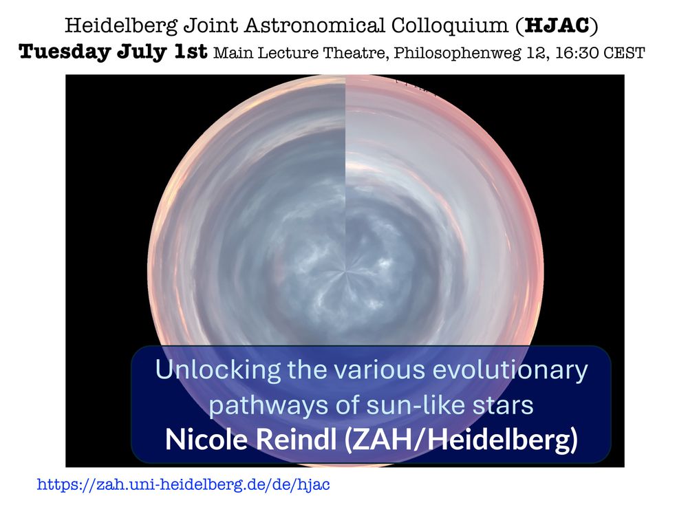 Announcement of the talk "Unlocking the various evolutionary pathways of sun-like stars" by Nicole Reindl on 1 July 2025 at 16:30 CEST at Philosophenweg 12 and online via Zoom, with an image of some turbulent motions in a sphere in light blue 