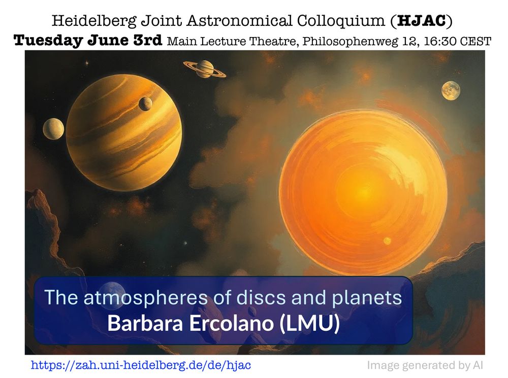 Announcement of the talk "The atmospheres of discs and planets" by Barbara Ercolano on 3 June 2025 at 16:30 CEST at Philosophenweg 12 and online via Zoom, with an AI-generated comic-style drawing of sthe solar system