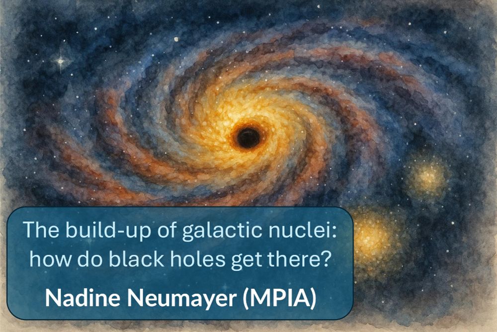 Banner for the talk "The build-up of galactic nuclei: how do black holes get there?" by Nadine Neumayer from MPIA illustrated with an AI-generated spiral galaxy