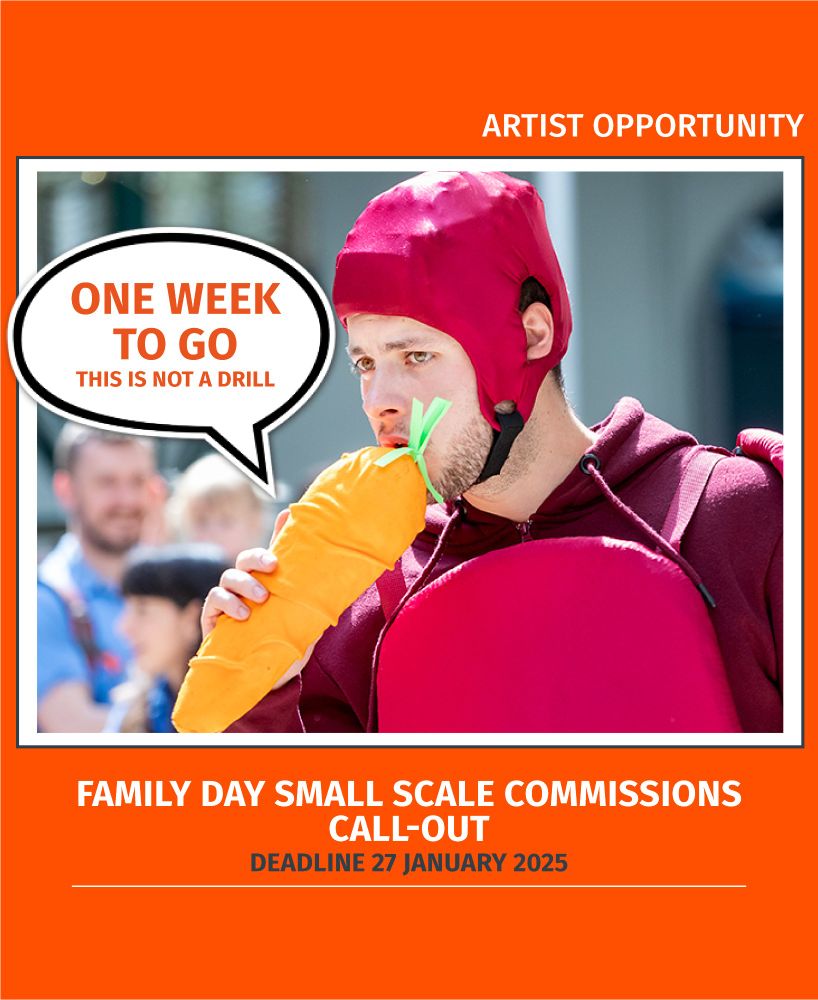 Graphic with a man dressed as a beetroot holding a carrot. Speech bubble on the left saying "One week to go"