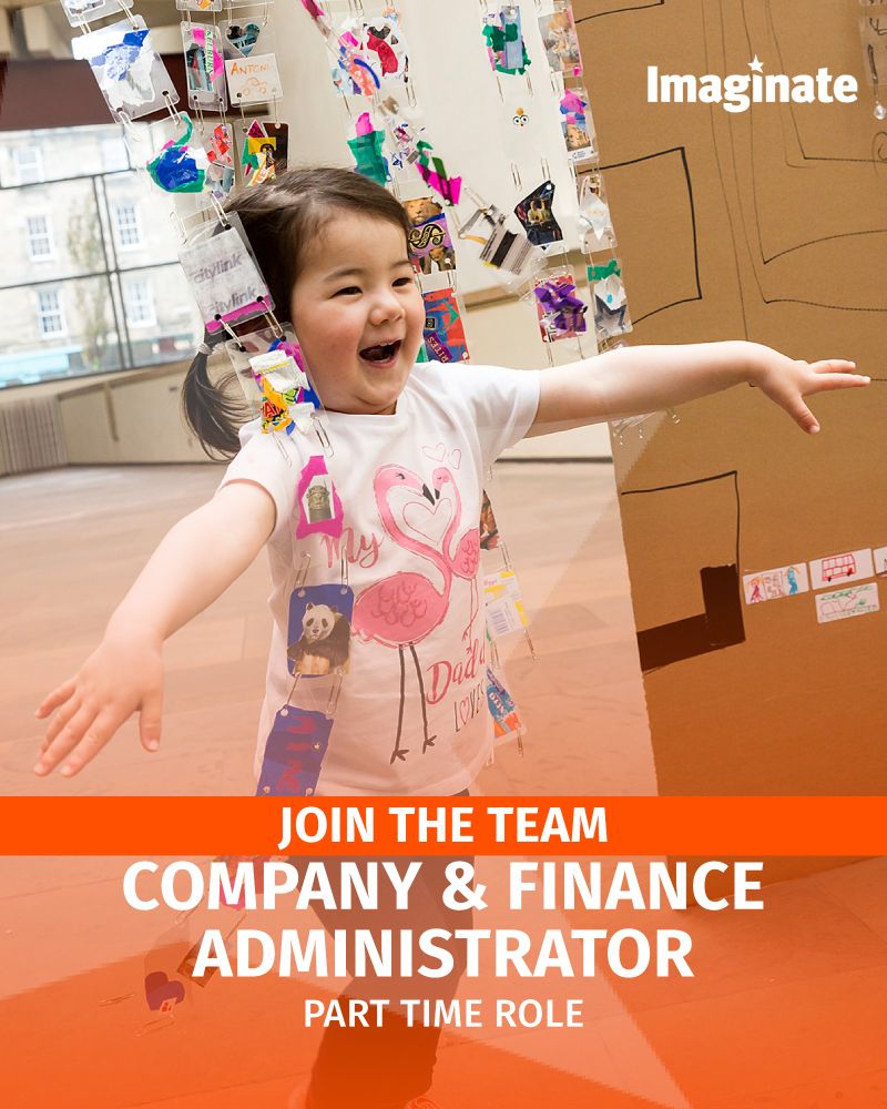 [ID] Image of a smiling girl running through hung playing cards with her arms out stretched. Includes text over the top saying "Join the team, Company & Finance Administrator, Part time role".