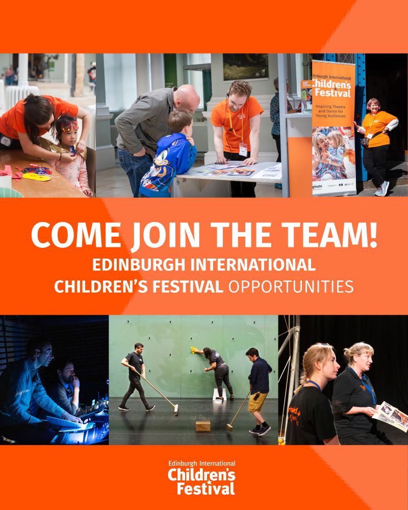 Graphic with orange background and six images of previous volunteers at the festival. Imaginate logo in white at the bottom and text saying Come Join the Team at the top.