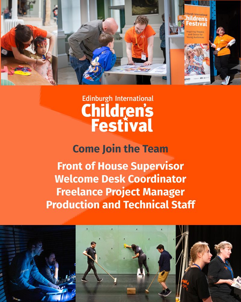 Graphic with orange background and the same six photos of volunteers. Including texts that states the roles available at the festival