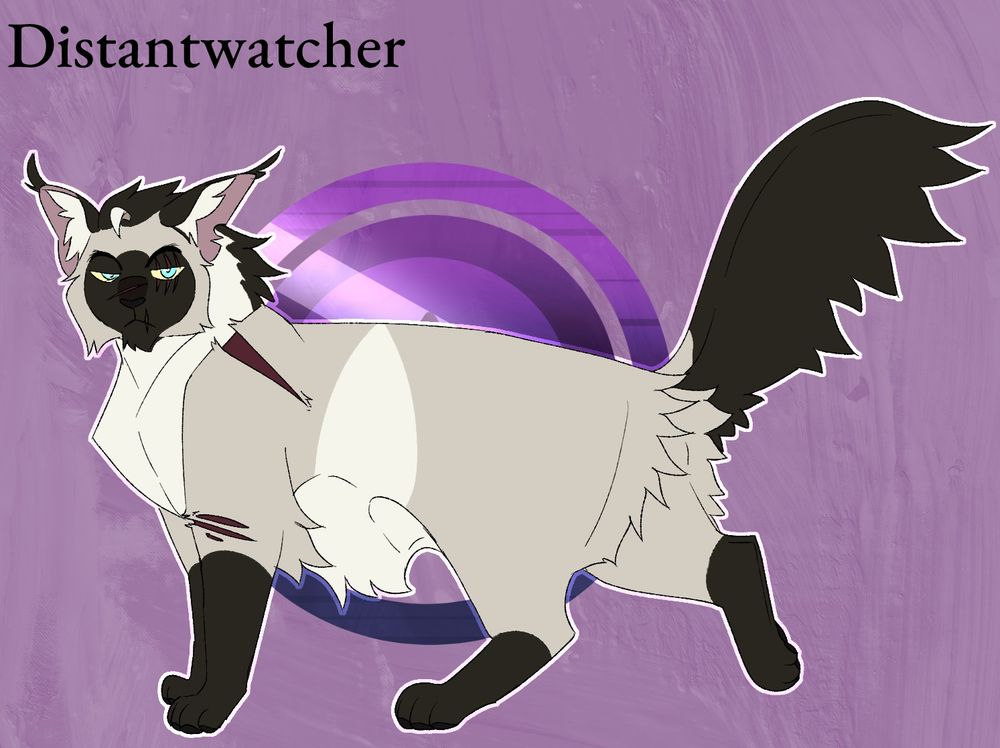 Names: Distantkit, Distantpaw, Distantwatcher.
Pronouns: He/Him.
Gender: Male.
Orientation: Pansexual.
Age: 72 moons (6 years).
Mother: Whitegaze.
Father: Flurrycoat.
Sisters: Frostkit, Lowbranch.
Brother: Bluebellkit.
Mate: Raspberrysky.
Daughters: Dreamkit, Strongkit.
Child: Rosethorn.
Mentor: Stoatstar.
Apprentices: Hawkpaw, Thistleheart.