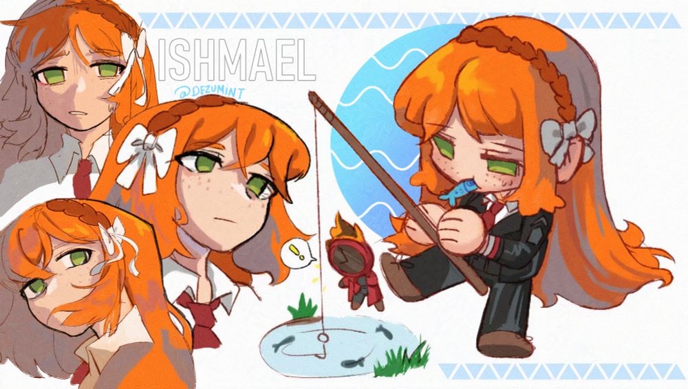 A collection of sketches of Ishmael from Limbus Company, as well as a chibi version of her eating a fish and fishing with a stick whilst a little Dante is looking curiously into the pond as there are small fishes swimming within