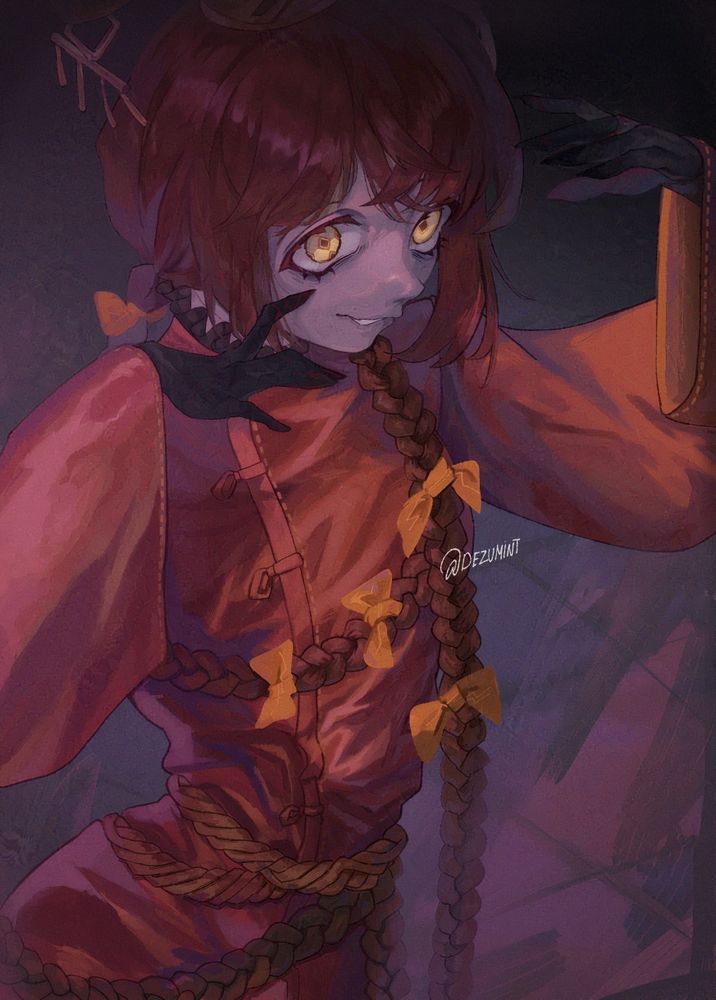 The Character Xue Pan from Limbus company in the dark starring at the viewer with yellow eyes
There are small traces of blood on their finger tips