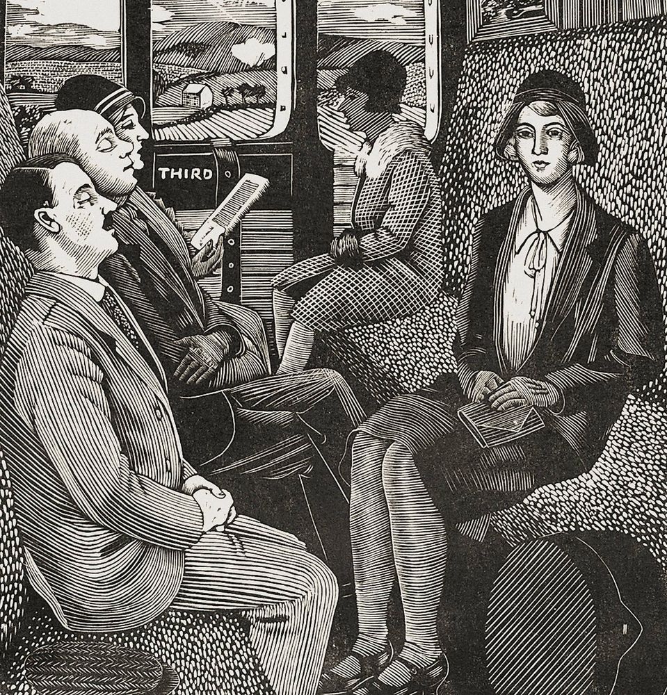 Wood engraving in black and white of a train carriage compartment with a woman sat on bench on right looking out and three people sat opposite her. Hilly landscape visible through window.