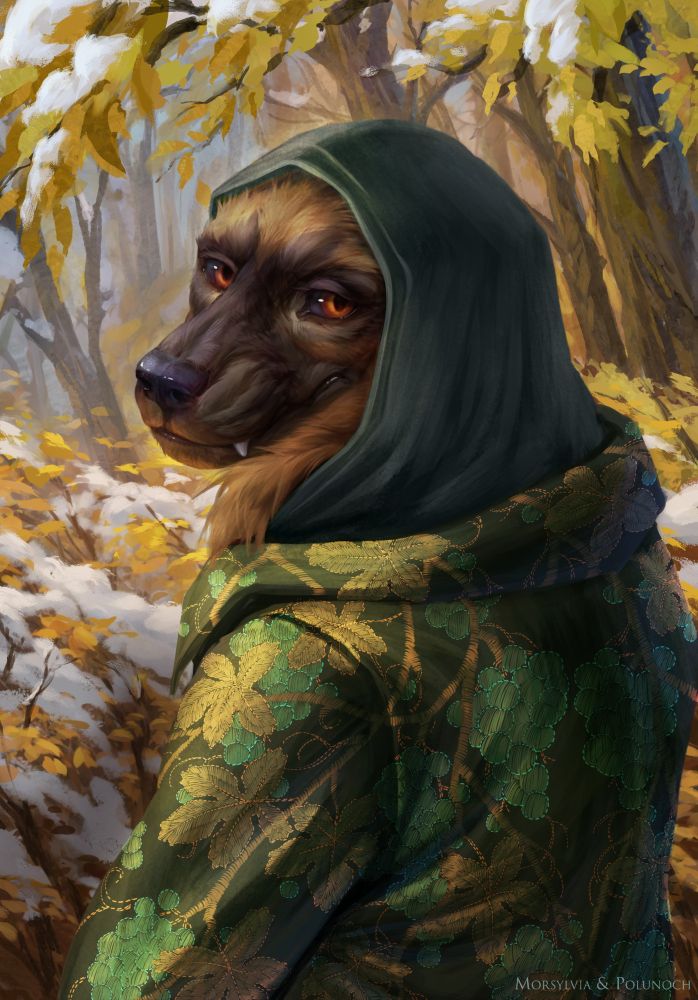 Amadi (an anthro wolverine) dressed in a heavy coat with a hood up and fancy grapevine embroidery covering the entire visible area of the coat walking through woods freshly dusted with snow, smiling back at the viewer.