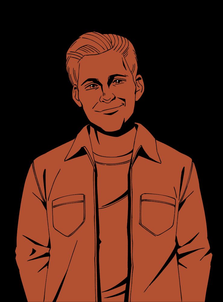 Hand-drawn portrait of James Marsden smiling with the kindest eyes that pierce right into your soul, tragically cut from The Murder of Sonic the Hedgehog 