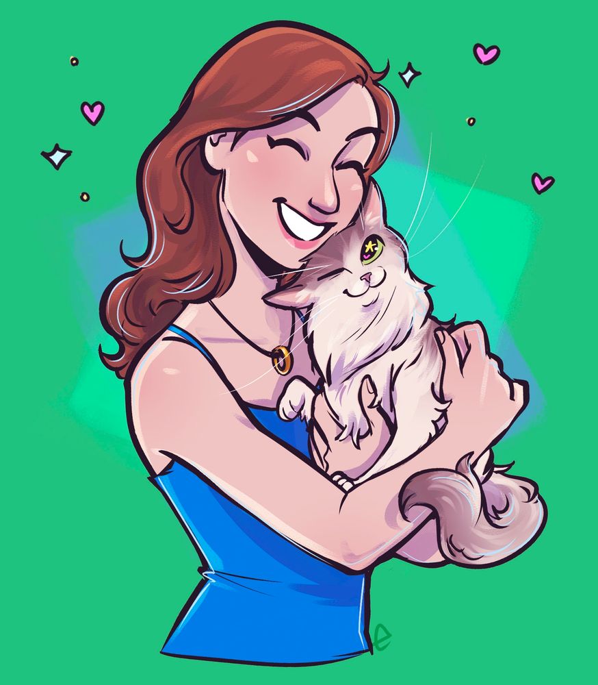Drawn art of Katie holding the sweetest little cat Panda. Both are the happiest they've ever been 