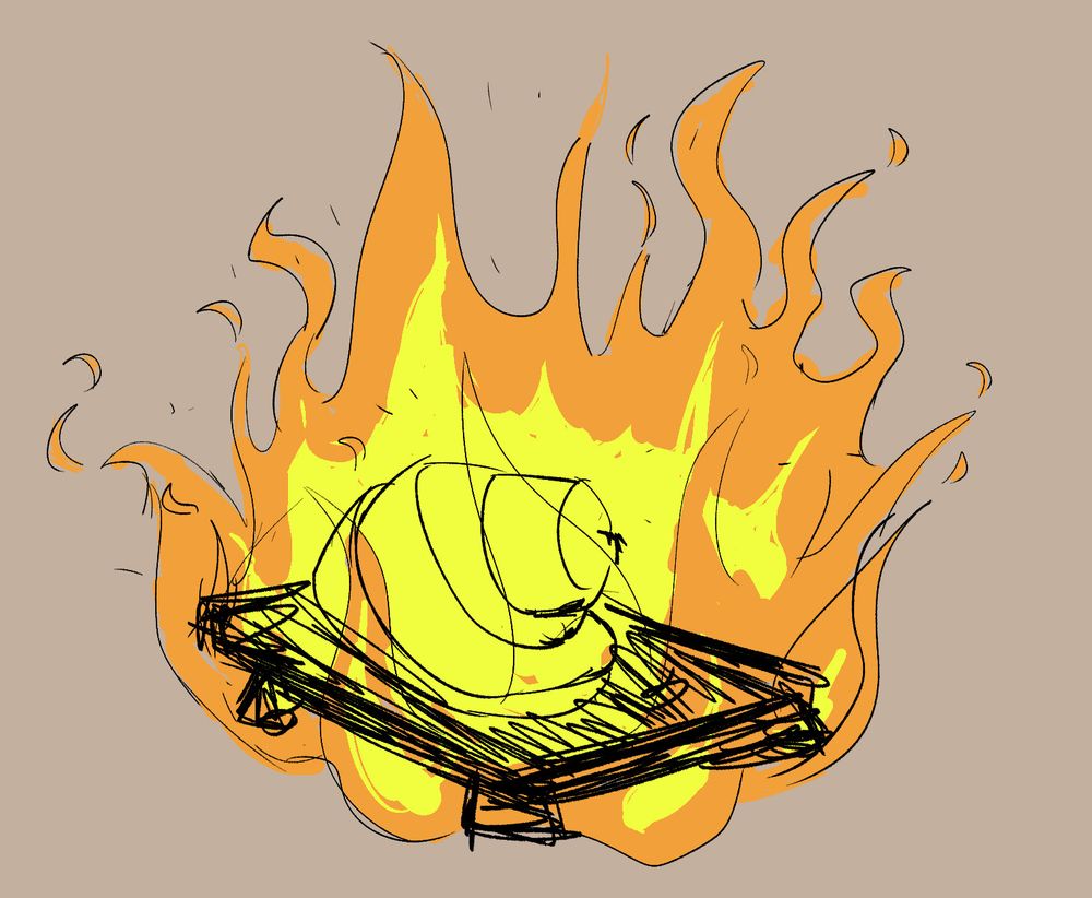 A birthday cake on a stout, wooden table suddenly drowns in a violent flame.