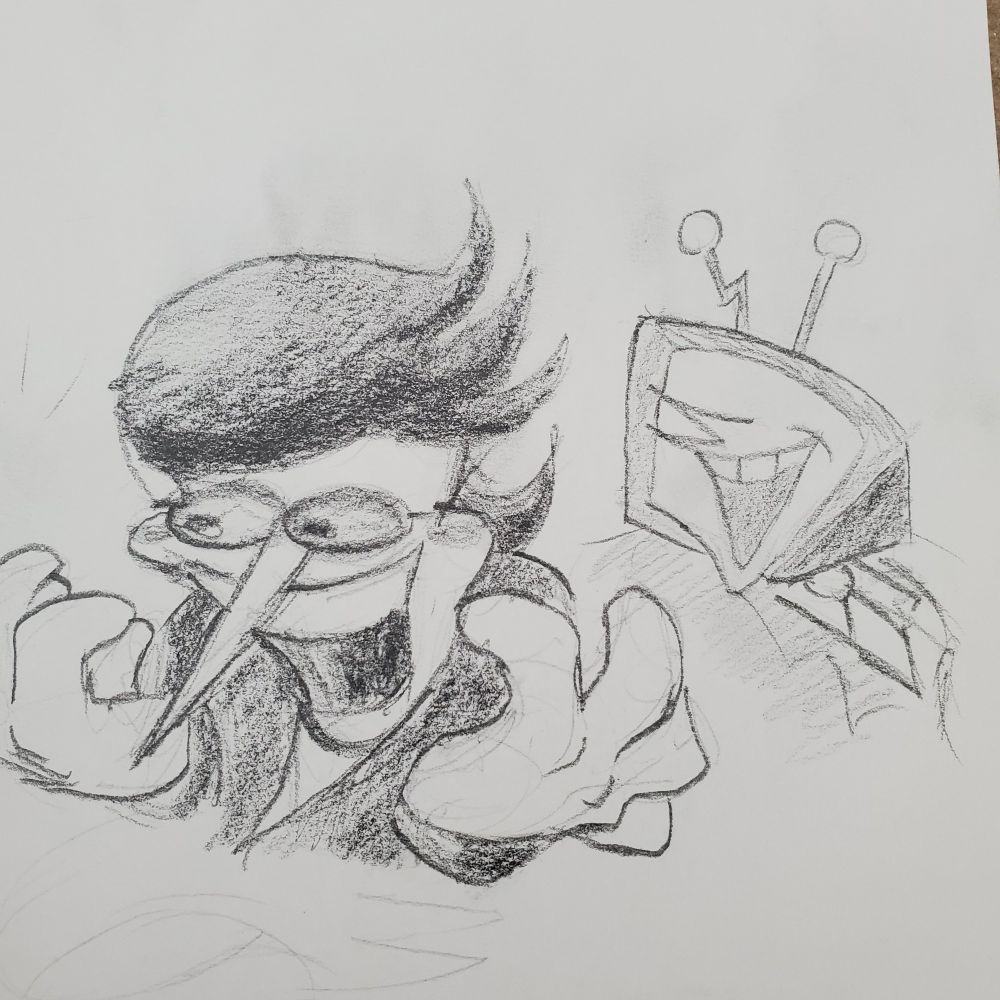 A pencil sketch of Spamton G. Spamton and Mr. Tenna done in some handsome guy's sketchbook. Spamton is depicted freaking out, jaw agape and looking at his big, detailed hands. Mr. Tenna is right behind Spamton, looking  from his right shoulder, he appears rather chipper and off-model.